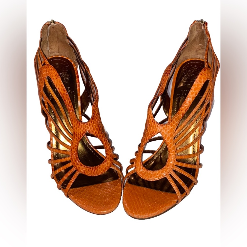 Vince Camuto Orange Leather Snakeprint Scrappy Stilettos- Size 8.5?